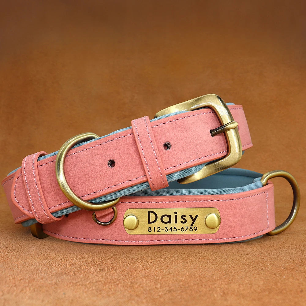 Customized PU Leather Nameplate Dog Collar Soft Padded Dogs Collars Free Engraving Name for Small Medium Large Dogs Adjustable - PrimeNest