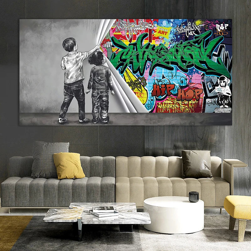 Banks Graffiti Art Fun Two Children Pulling Cloth Posters and Print Canvas Painting Wall Art Pictures for Living Room Home Decor