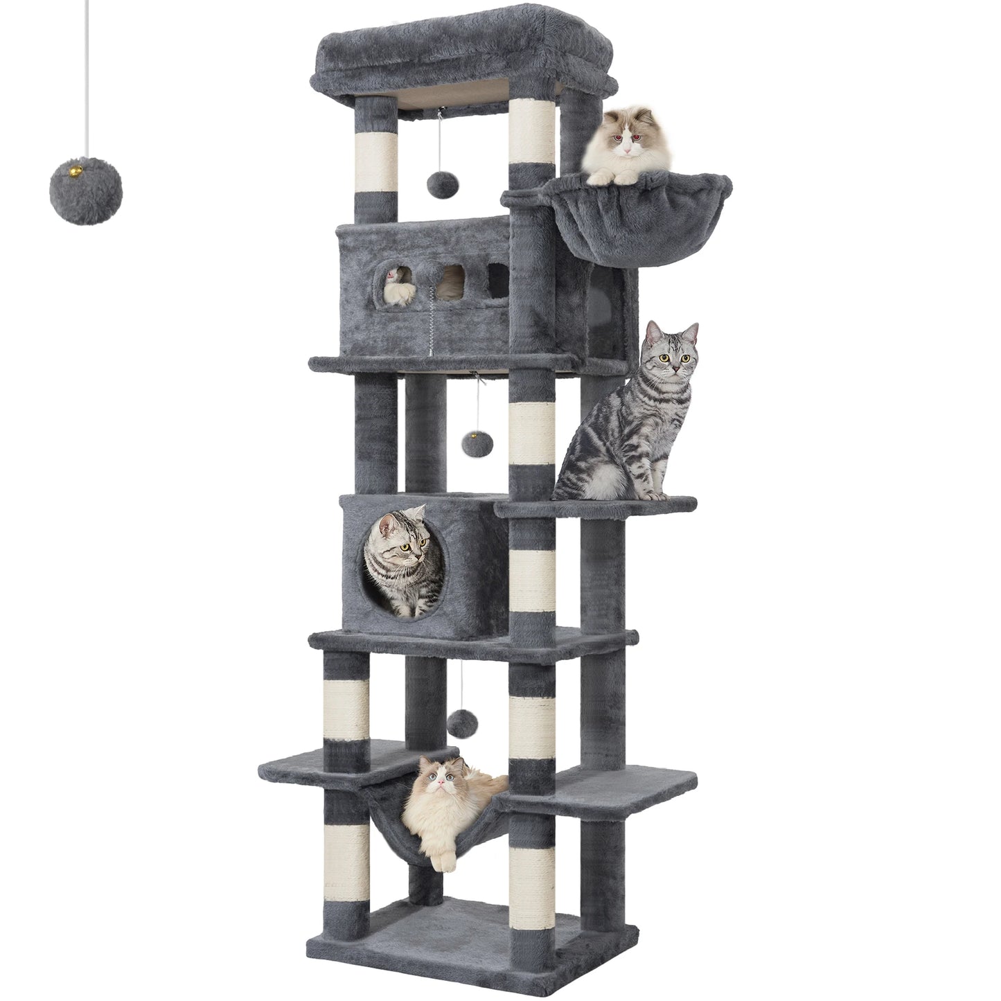 Cat Tree for Indoor Cats, 170 cm Large Tall Cat Tower, Multi-Level Cats House with Condo, 8 Scratching Posts, Hammock, 4 Pom Pom - PrimeNest