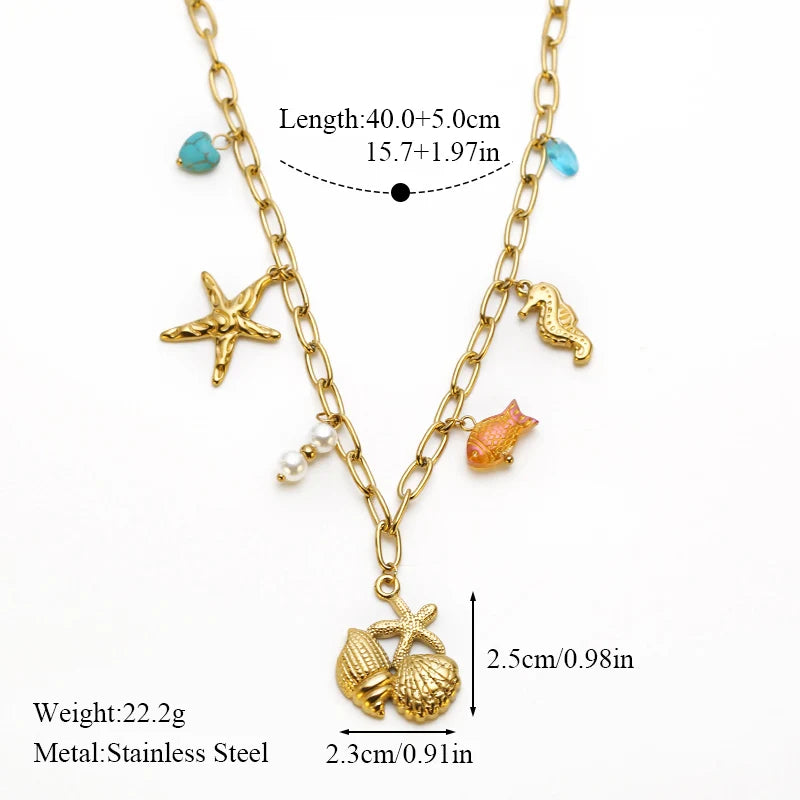 EILIECK 316L Stainless Steel Charms Pearl Star Celadon Pendant Drop Necklace For Women Golden Popular Summer Fashion Jewelry