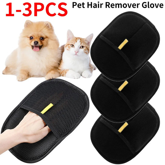 Pet hair removal grooming glove set of 3, black bristle mitts with yellow tab