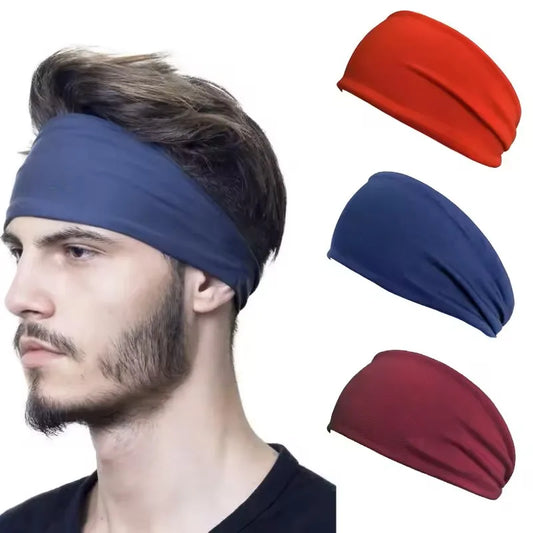 Navy running sweatband headband, wide fabric band with folded front edge