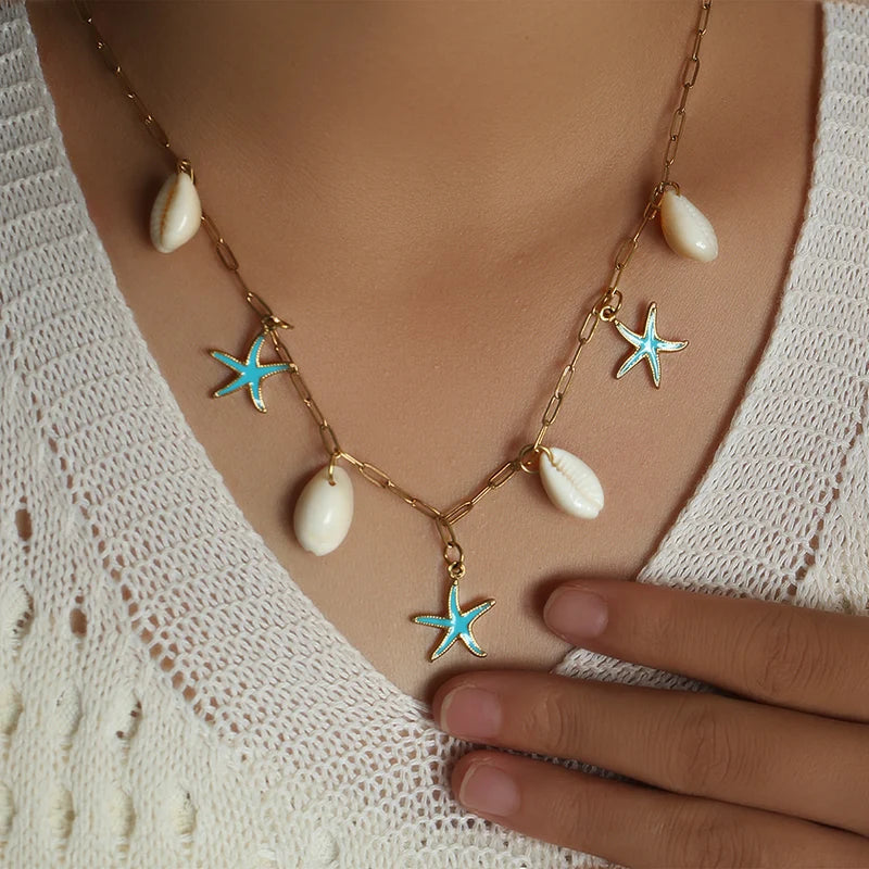 EILIECK 316L Stainless Steel Charms Pearl Star Celadon Pendant Drop Necklace For Women Golden Popular Summer Fashion Jewelry