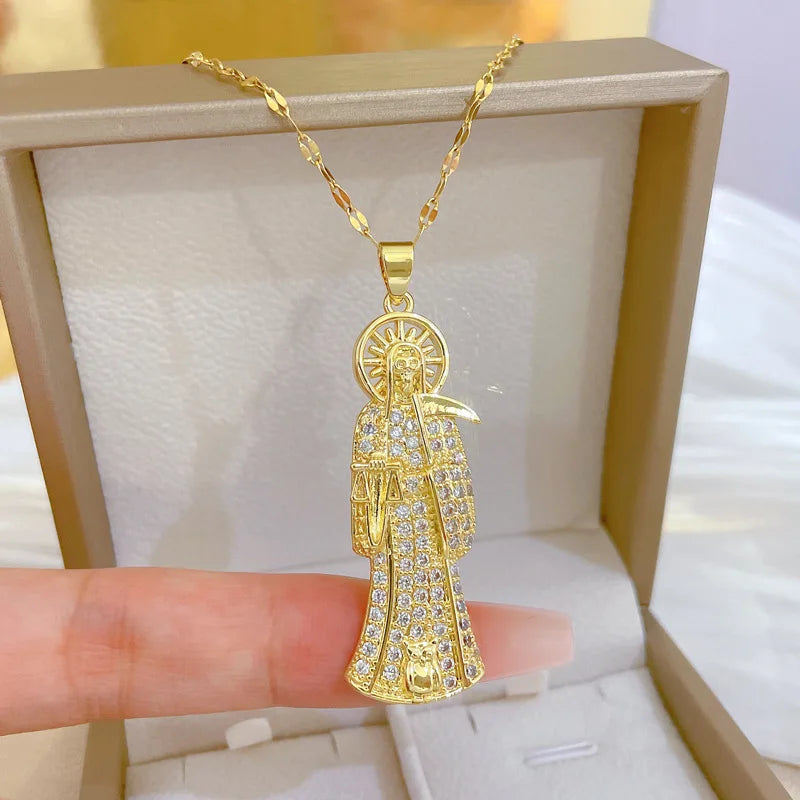 Stainless Steel Holy Death Necklace Saints Gold Color Plated Pendant Necklace Death Scythe Charms Christian Jewelry Santa Muerte