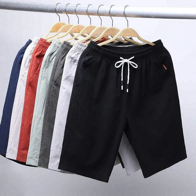 Men's casual drawstring shorts with elastic waist, black knee-length