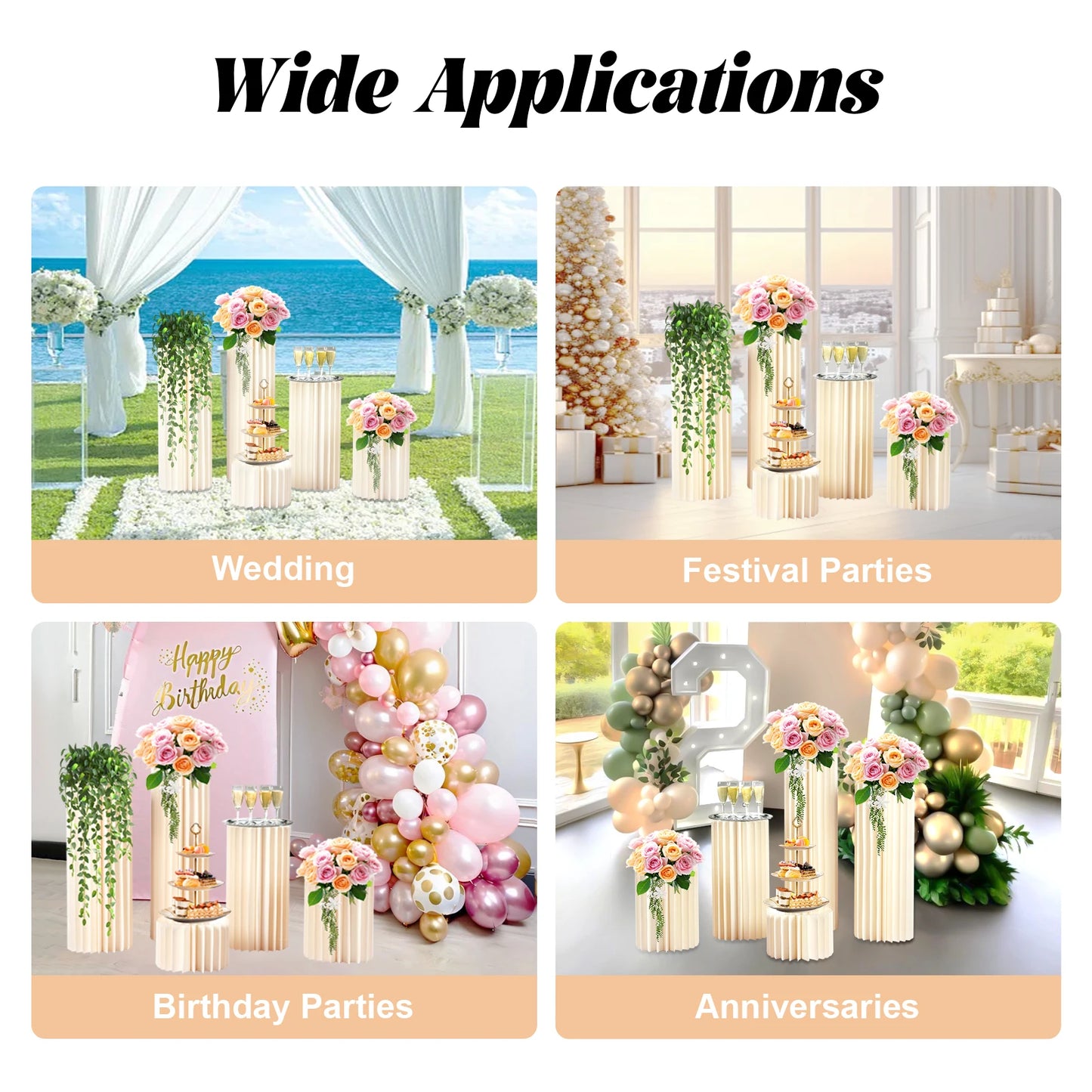 Milky white cardboard flower stand set for party decor, multiple tall pedestal stands shown