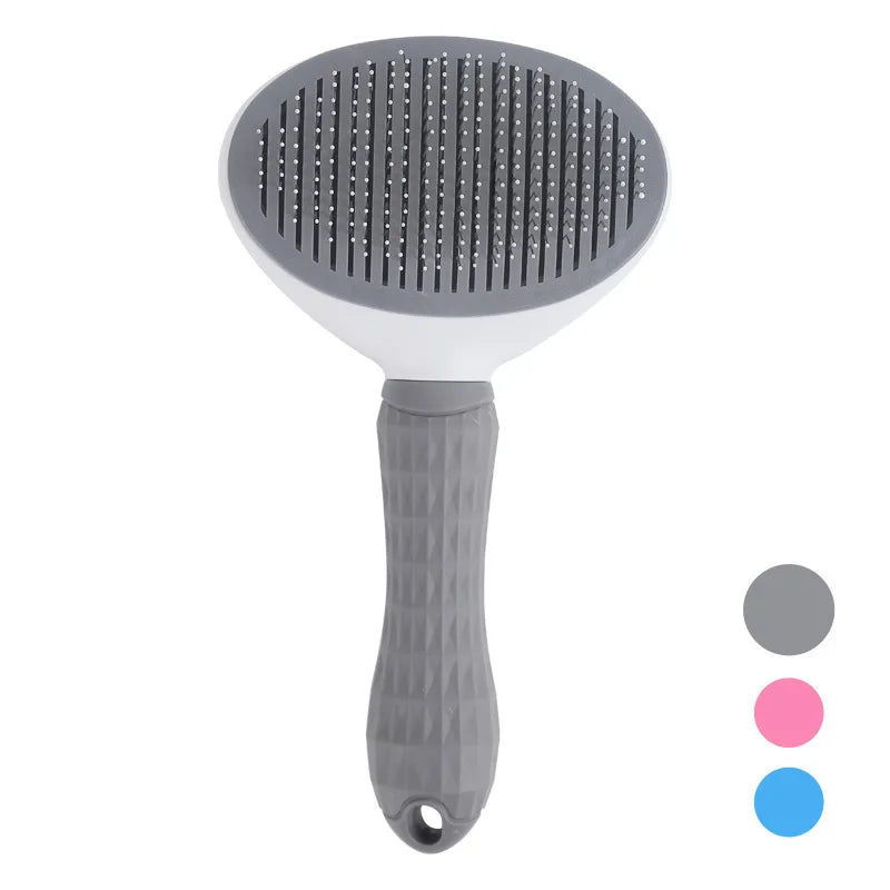 Gray self-cleaning pet brush with oval head and metal pins, grip handle for grooming