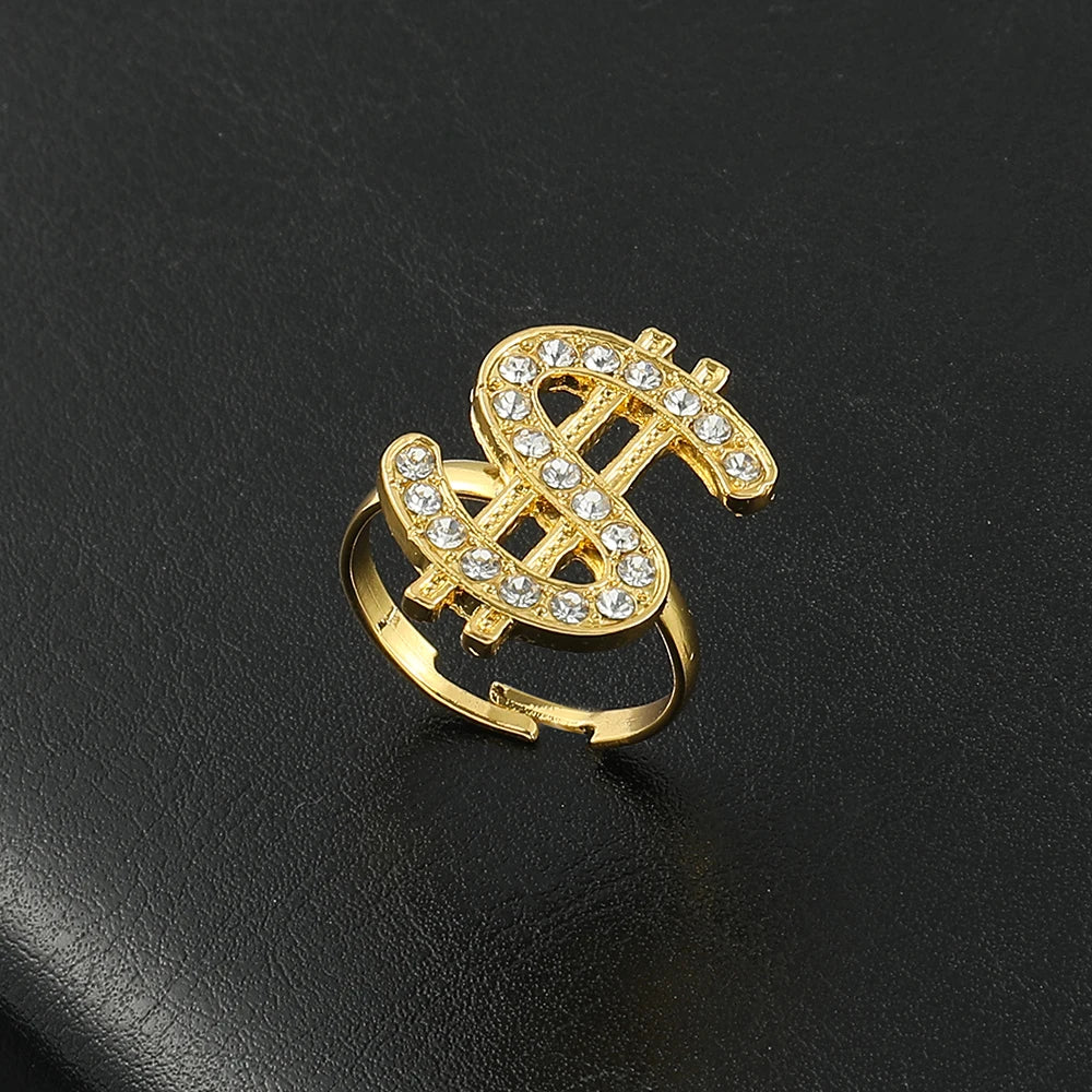 Adjustable Open Ring with Crystal Dollar Sign Punk Rapper Style Costume Jewelry for Trendy Fashion Accessory