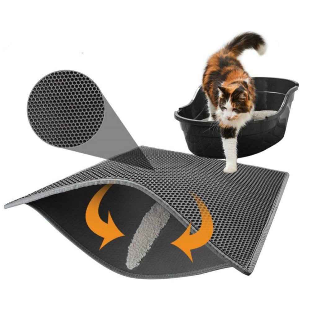 Double-layer cat litter mat, dark gray hex honeycomb texture with curled edges