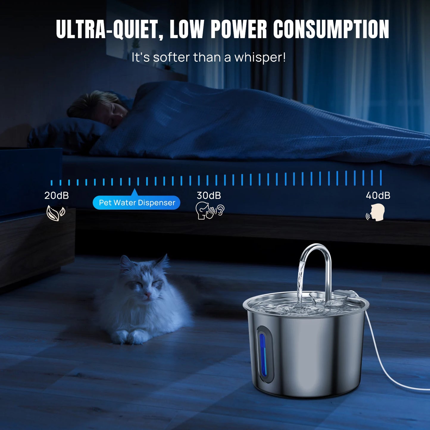 Stainless steel cat water fountain with glowing blue LED indicator