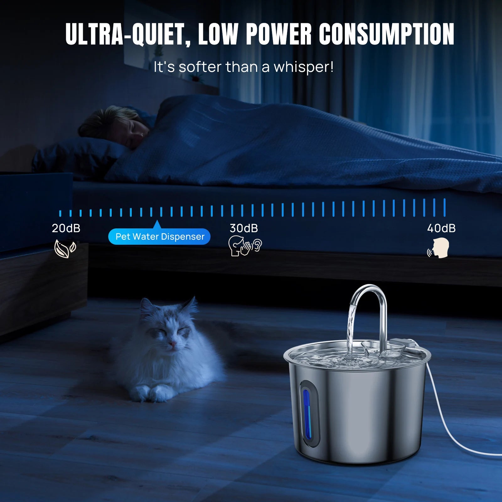 Stainless steel cat water fountain with glowing blue LED indicator