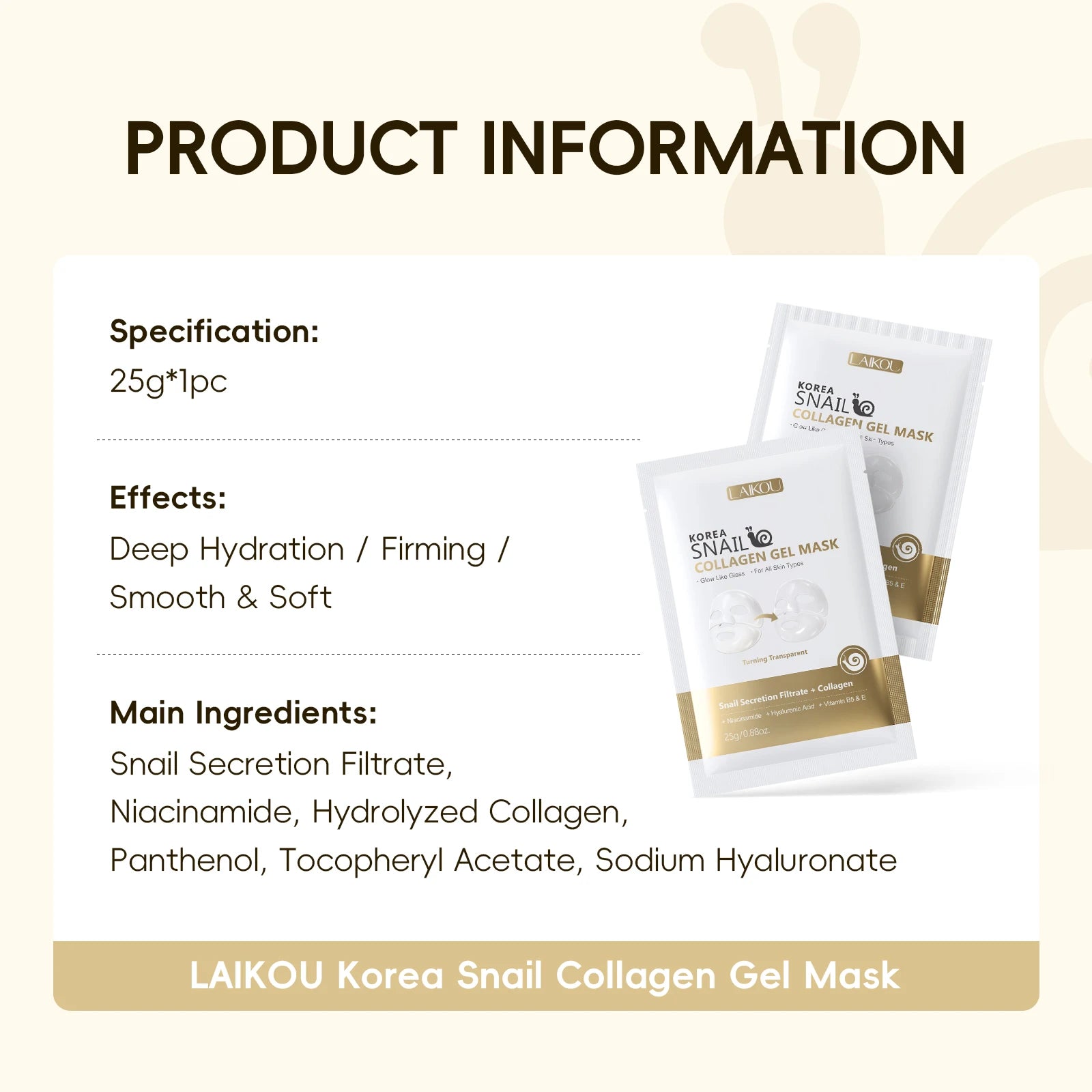 LAIKOU Korea Snail Collagen Essence Mask Hydrating Sheet Mask Anti-Wrinkle Face Mask Firming Skin Care 25g*20pcs - PrimeNest