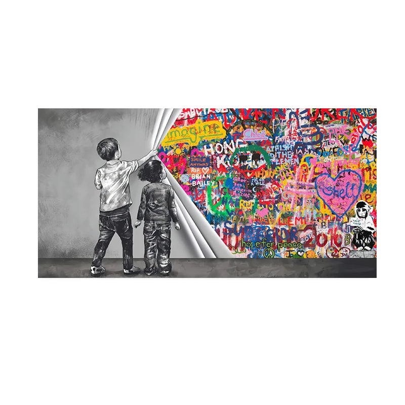 Banks Graffiti Art Fun Two Children Pulling Cloth Posters and Print Canvas Painting Wall Art Pictures for Living Room Home Decor
