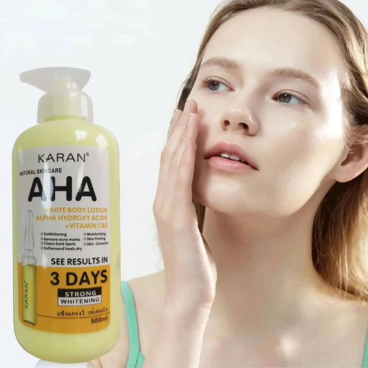 Yellow-green AHA whitening body lotion bottle with pump dispenser and front label