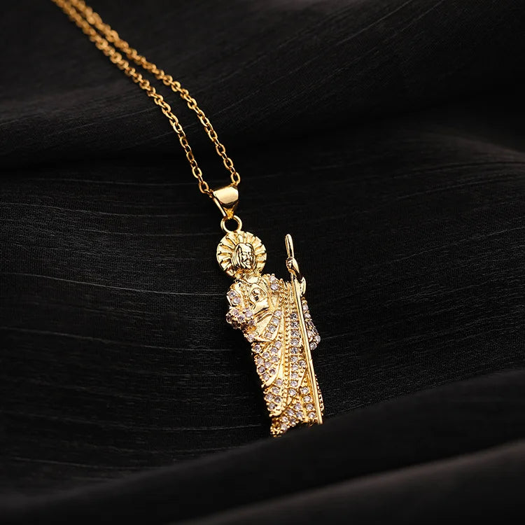 Stainless Steel Holy Death Necklace Saints Gold Color Plated Pendant Necklace Death Scythe Charms Christian Jewelry Santa Muerte