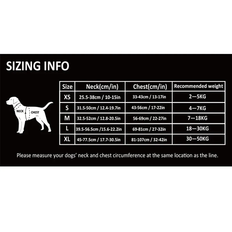 Dog harness sizing info chart with neck, chest, and recommended weight ranges