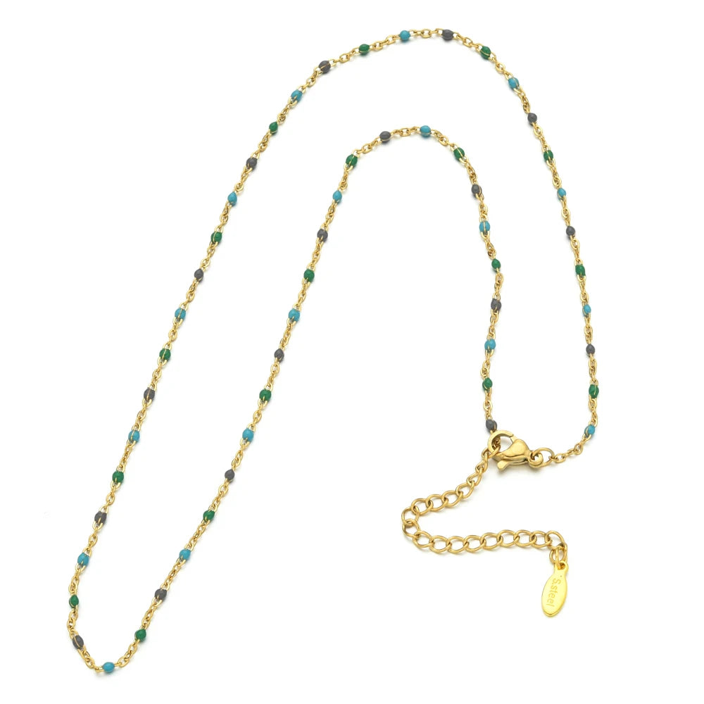 ZMZY Hot Pink Stainless Steel Link Cable Chain Fashion Gold Color Satellite Enamel Beads Necklace for Women Chic Summer Gift