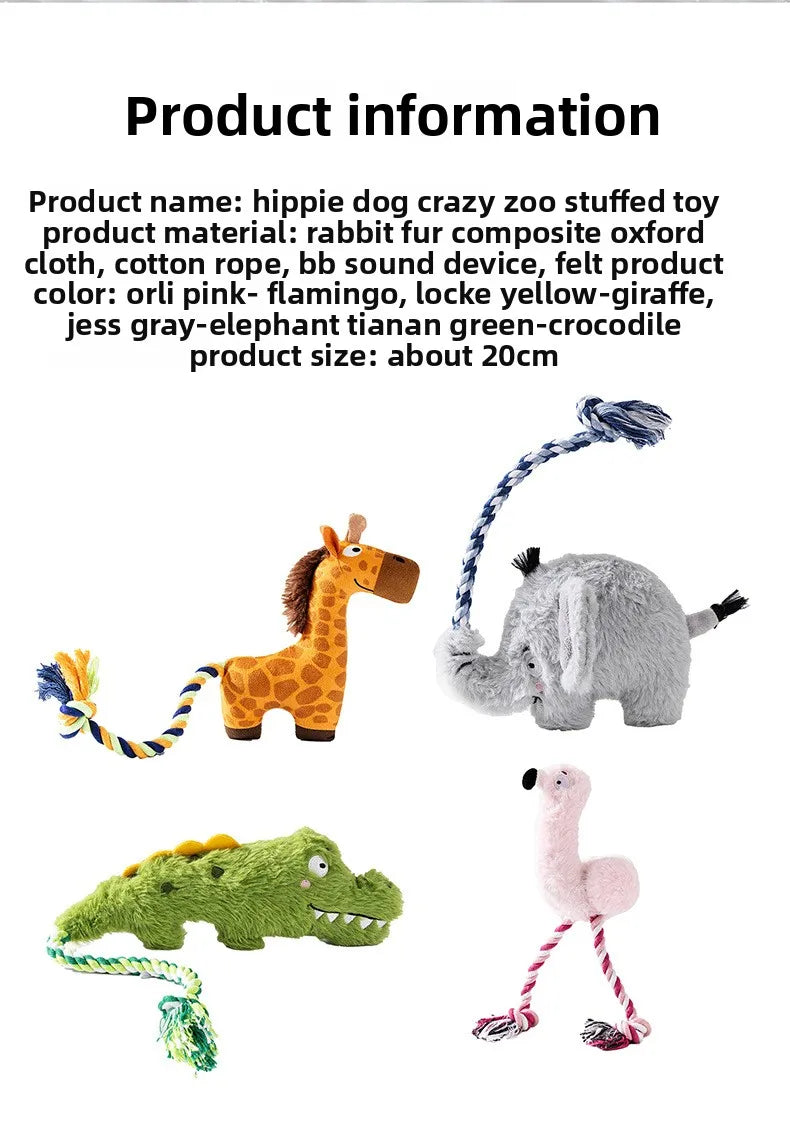 Plush squeaky zoo animal dog toys assortment: flamingo, giraffe, elephant, crocodile