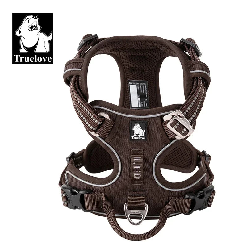 Brown mesh dog harness with adjustable straps and metal buckles