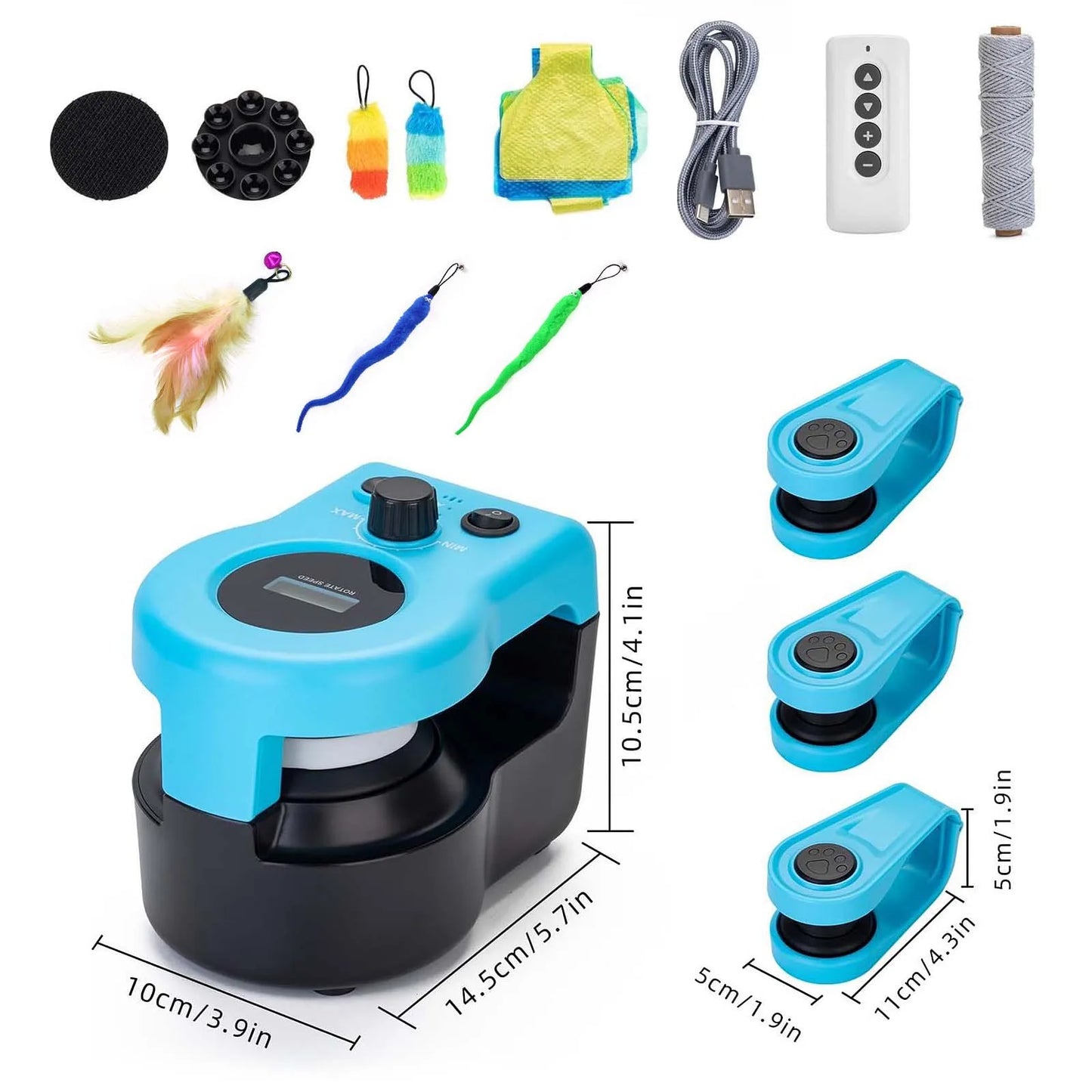 Blue cat treadmill base set with remote control, cords, and three wand toys
