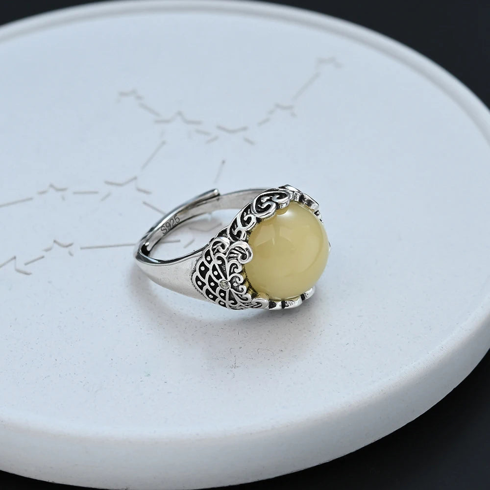 PANJBJ 925 Sterling Silver Hotan Jade Geometric Ring for Women Girl Adjustable Retro Delicate Jewelry Birthday Gift Dropshipping
