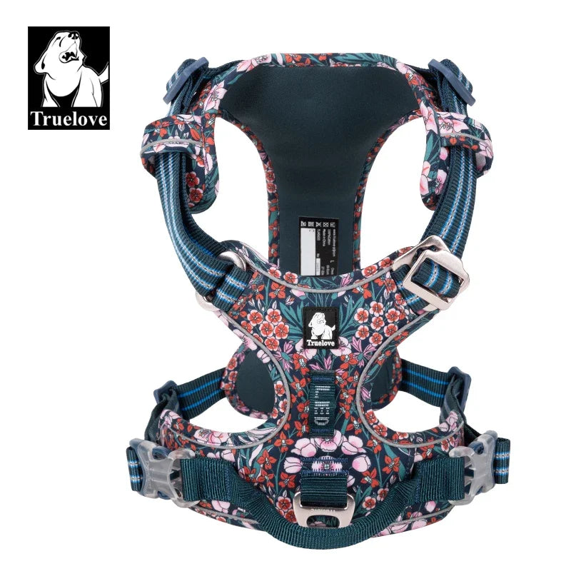 Navy floral no-pull cotton dog & cat harness with adjustable chest and back straps