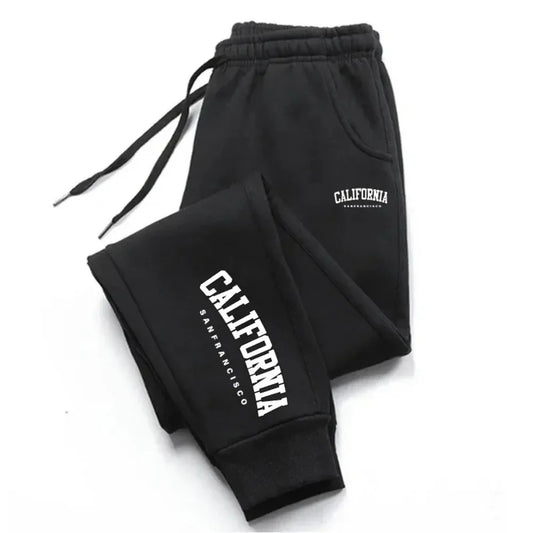 Black men's jogger sweatpants with drawstring and California logo print on legs.
