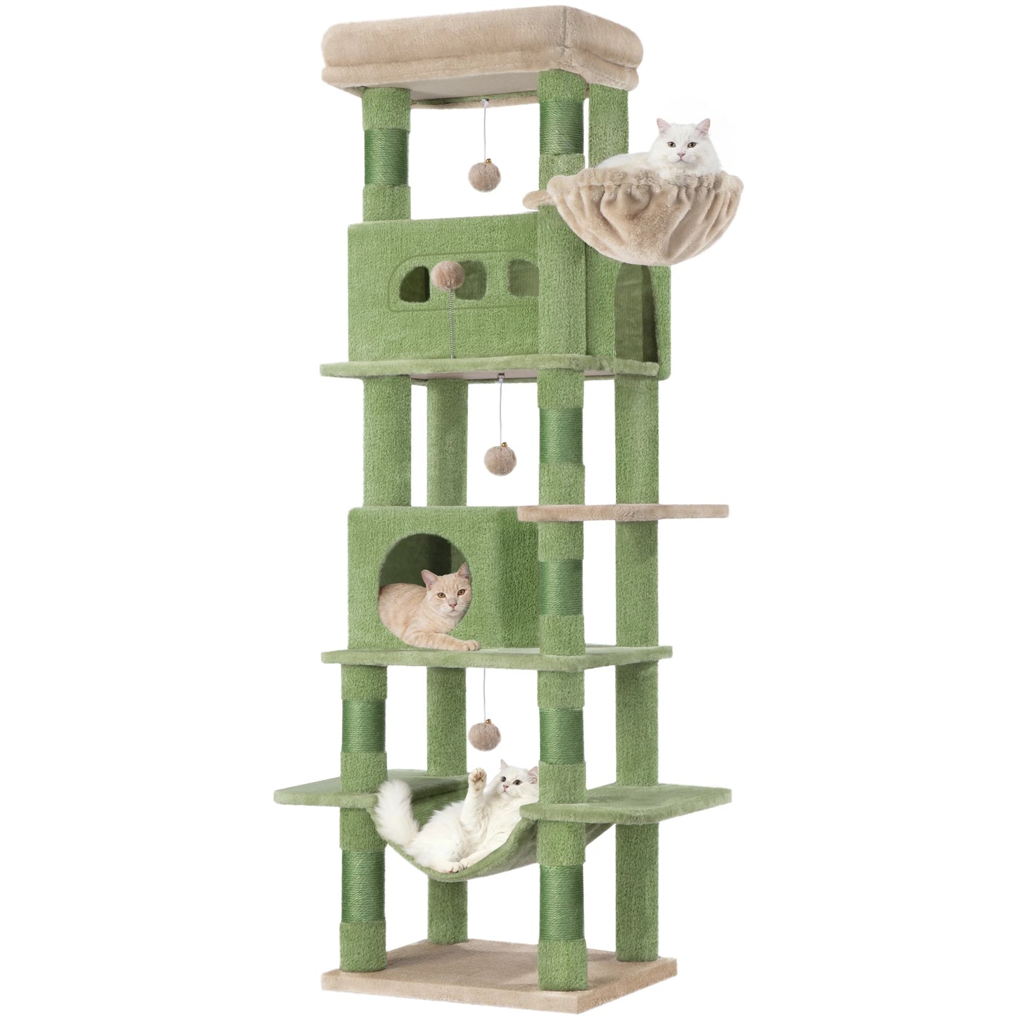 Cat Tree for Indoor Cats, 170 cm Large Tall Cat Tower, Multi-Level Cats House with Condo, 8 Scratching Posts, Hammock, 4 Pom Pom - PrimeNest