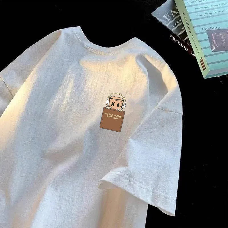 Light grey oversized unisex T-shirt with small chest graphic patch