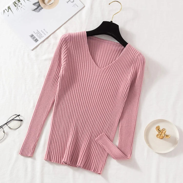 Autumn Winter Women Sweaters Casual Long Sleeve Knitted V Neck Pullover Sweater Femme Basic Solid Jersey Tops Fashion Clothes - PrimeNest