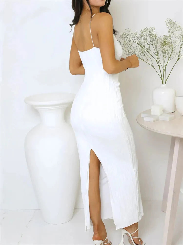 Ruched Sleeveless Split Midi Dress