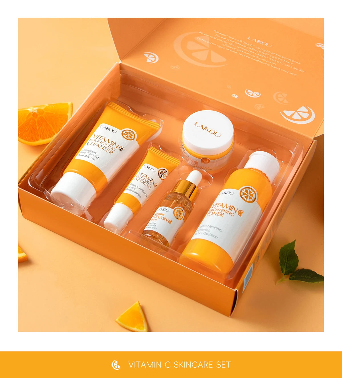 LAIKOU VITAMIN C Skincare Set Brightening 5Pcs Kit Even Skin Tone Smooth Wrinkle Tighten Pores Cleanser Toner Serum Eye Cream - PrimeNest