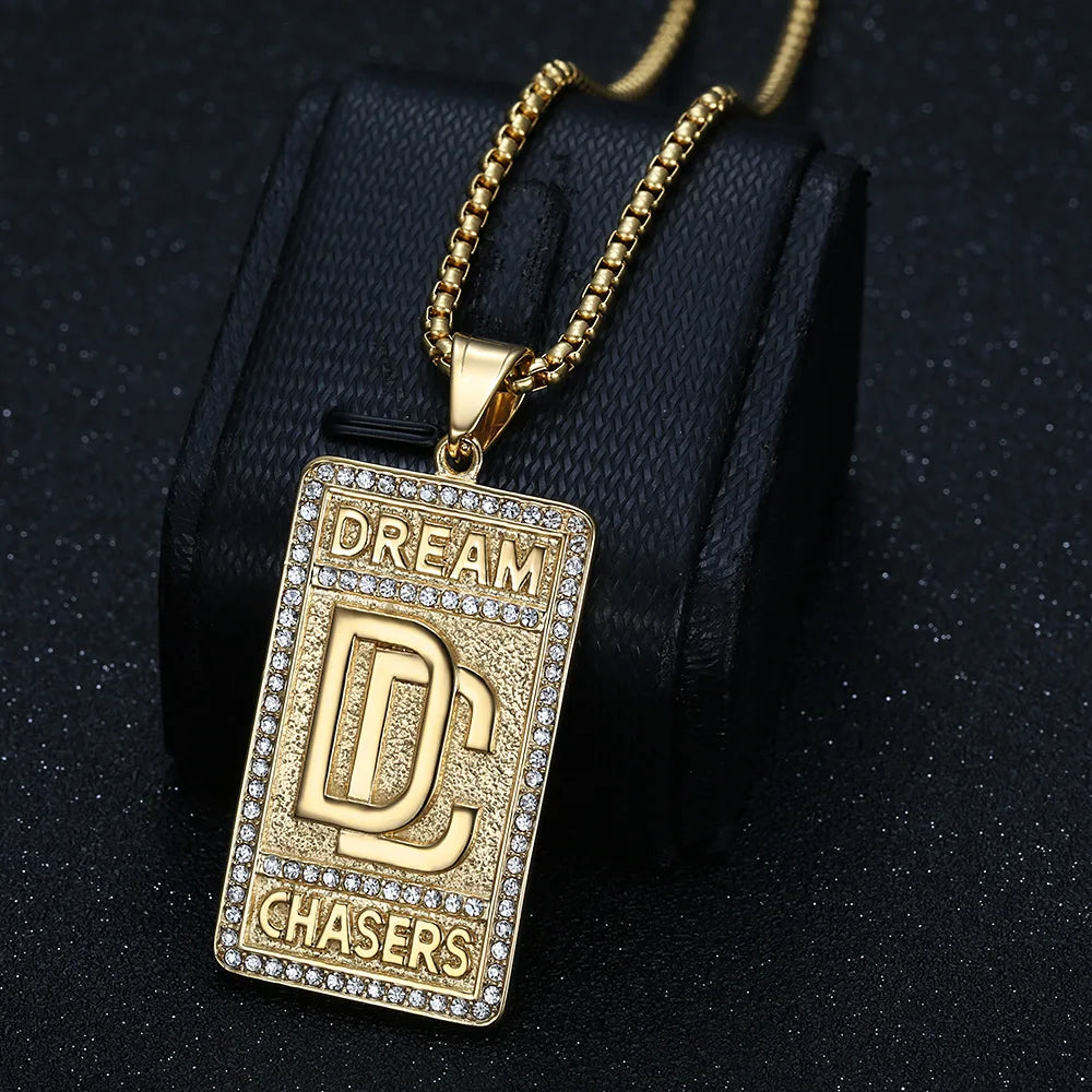 ULJ  Hip Hop Chase Dream Pendant Stainless Steel Nekclace AAA Bling Reinstones  Iced out For Man Woman Waterproof Jewelry