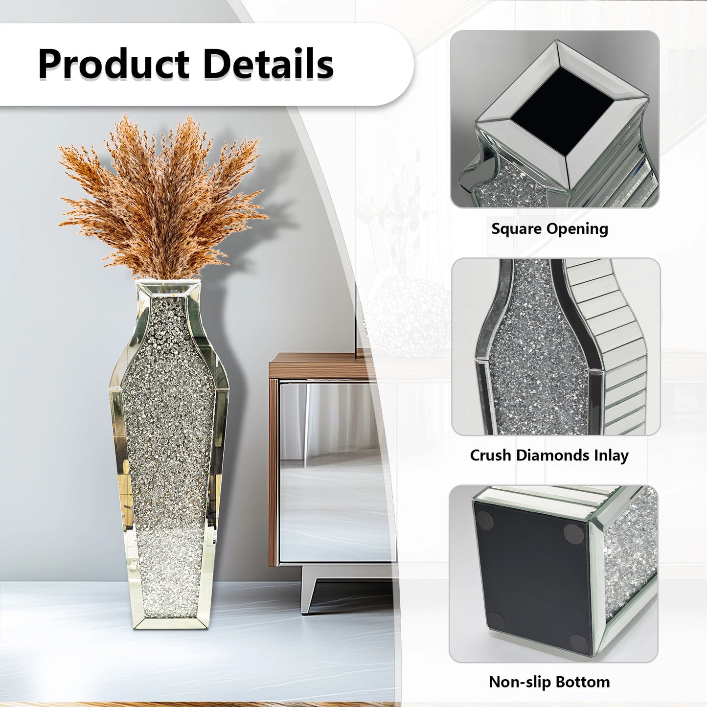 Crushed Diamond Floor Vase | Silver Mirrored Glass