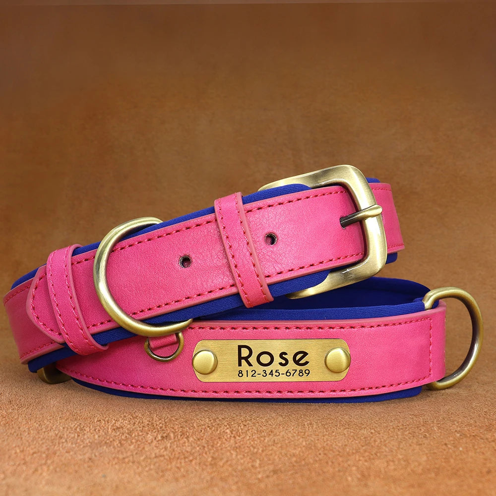 Customized PU Leather Nameplate Dog Collar Soft Padded Dogs Collars Free Engraving Name for Small Medium Large Dogs Adjustable - PrimeNest