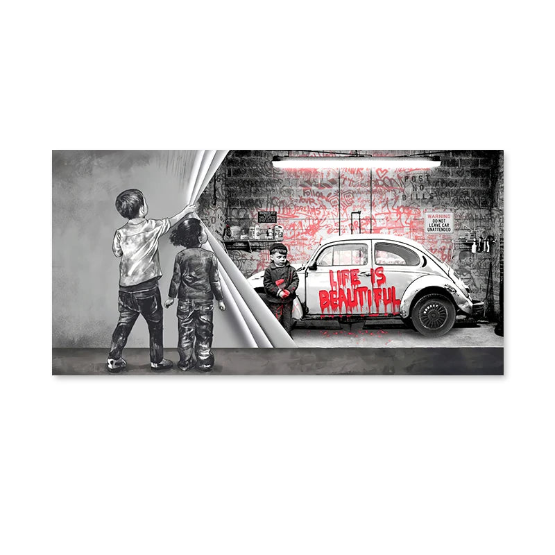 Banks Graffiti Art Fun Two Children Pulling Cloth Posters and Print Canvas Painting Wall Art Pictures for Living Room Home Decor