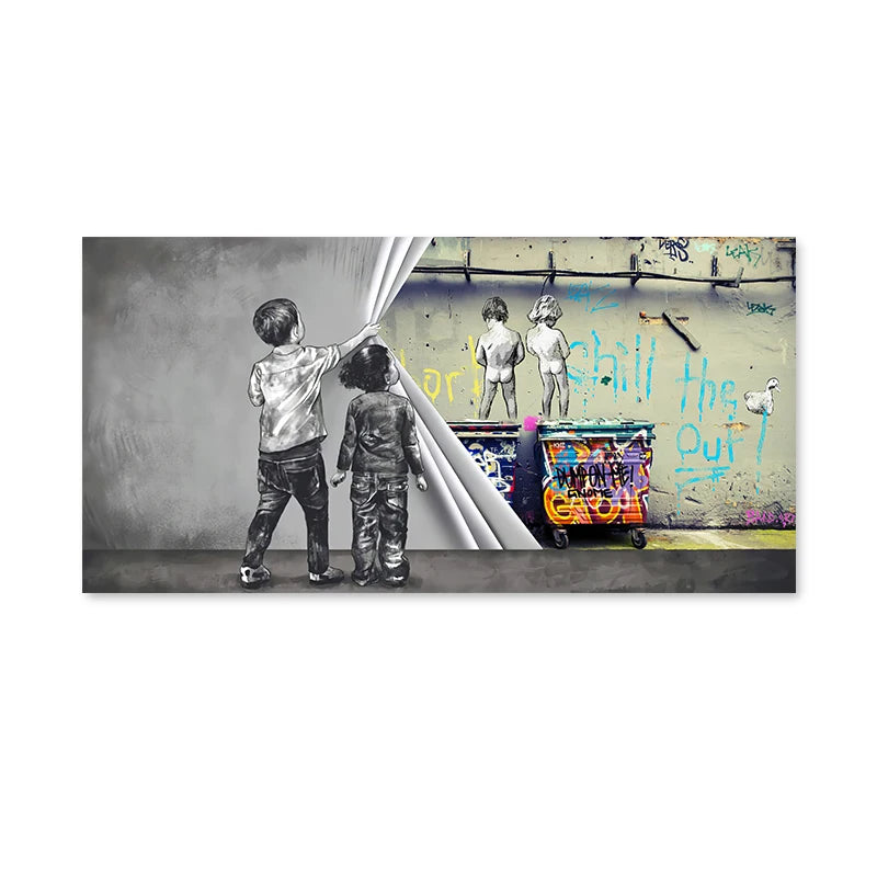Banks Graffiti Art Fun Two Children Pulling Cloth Posters and Print Canvas Painting Wall Art Pictures for Living Room Home Decor