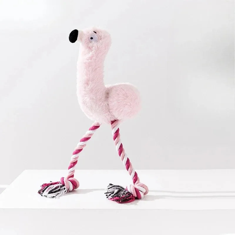 Plush squeaky zoo animal dog toy flamingo, pink plush with twisted rope legs and squeaker