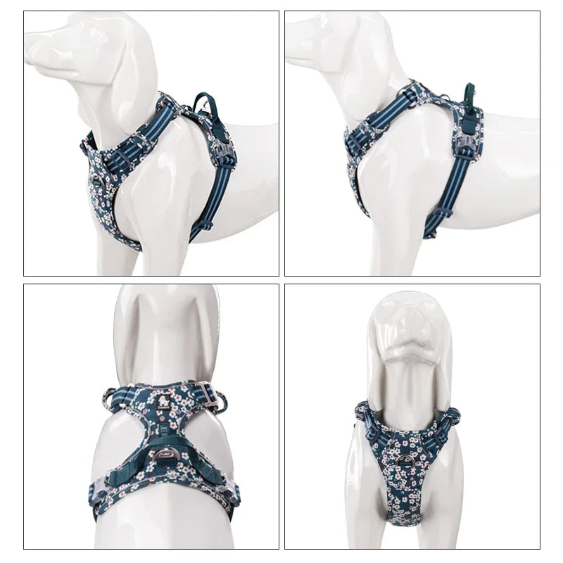 Navy floral no-pull cotton dog and cat harness shown on white mannequin, four angles