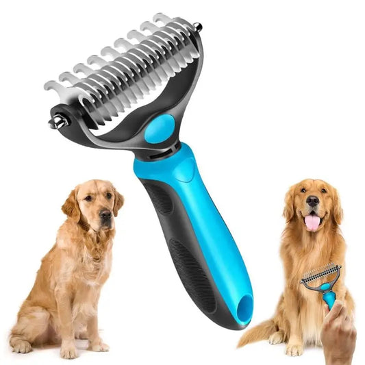 Pet deshedding brush with knot cutter, blue and black, dual-sided metal teeth