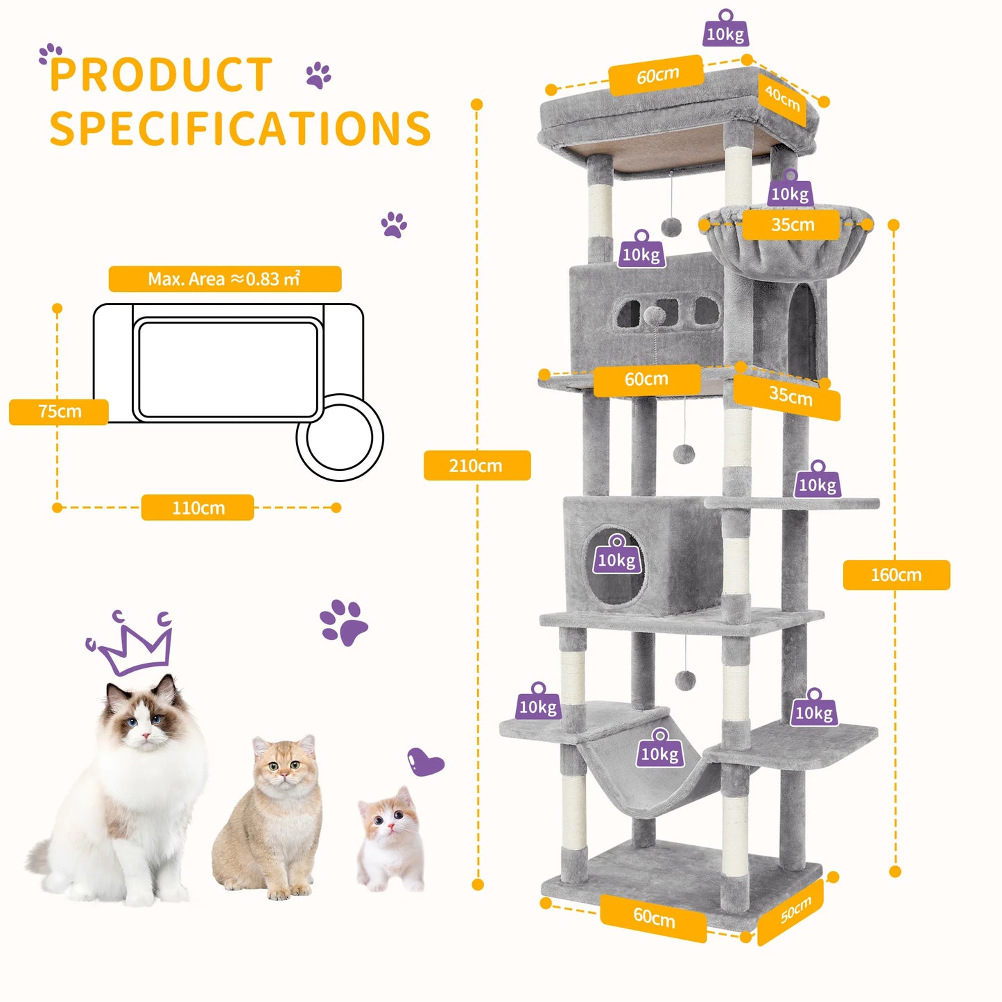 210cm XL Multi-Level Cat Tree Tower