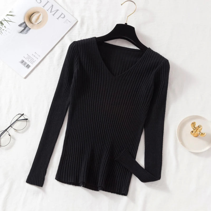 Autumn Winter Women Sweaters Casual Long Sleeve Knitted V Neck Pullover Sweater Femme Basic Solid Jersey Tops Fashion Clothes - PrimeNest