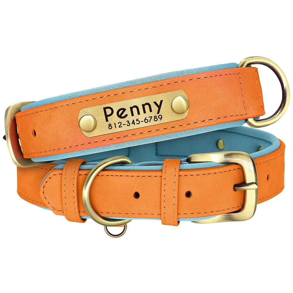 Customized PU Leather Nameplate Dog Collar Soft Padded Dogs Collars Free Engraving Name for Small Medium Large Dogs Adjustable - PrimeNest