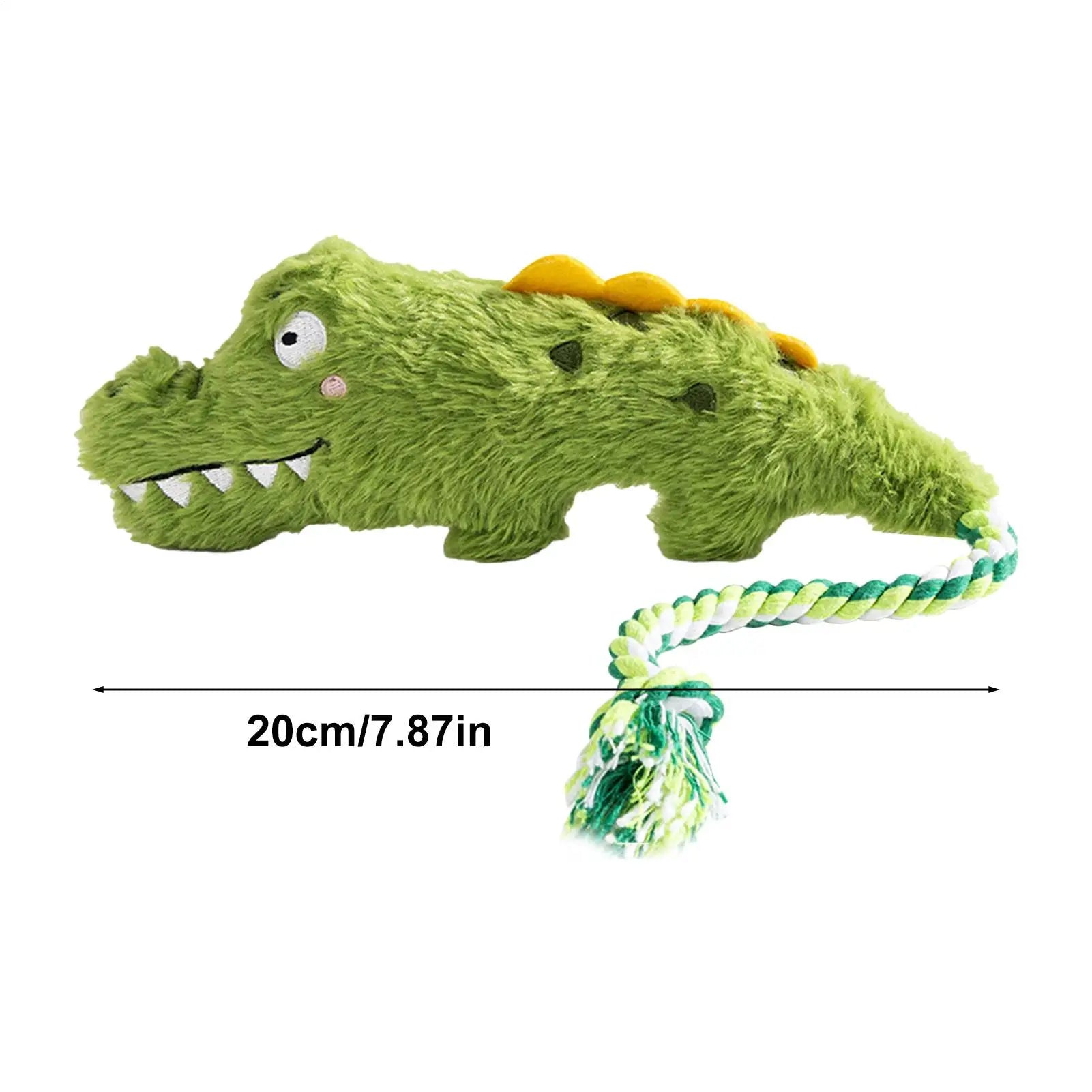Green plush crocodile dog toy with braided rope tail, 20 cm length