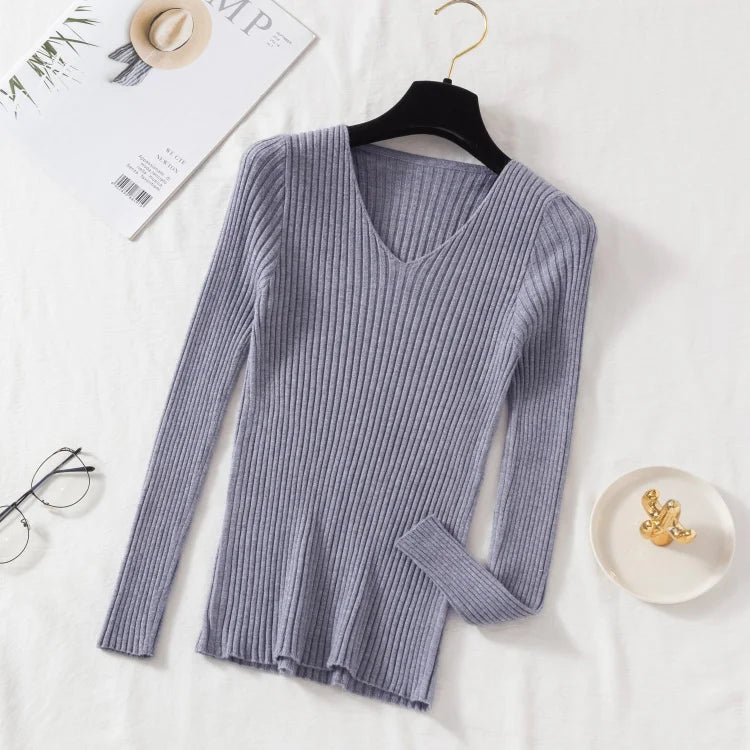 Autumn Winter Women Sweaters Casual Long Sleeve Knitted V Neck Pullover Sweater Femme Basic Solid Jersey Tops Fashion Clothes - PrimeNest