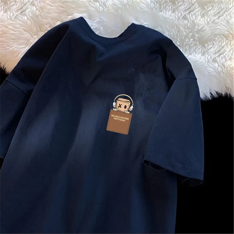 Navy oversized unisex T-shirt with small chest graphic patch