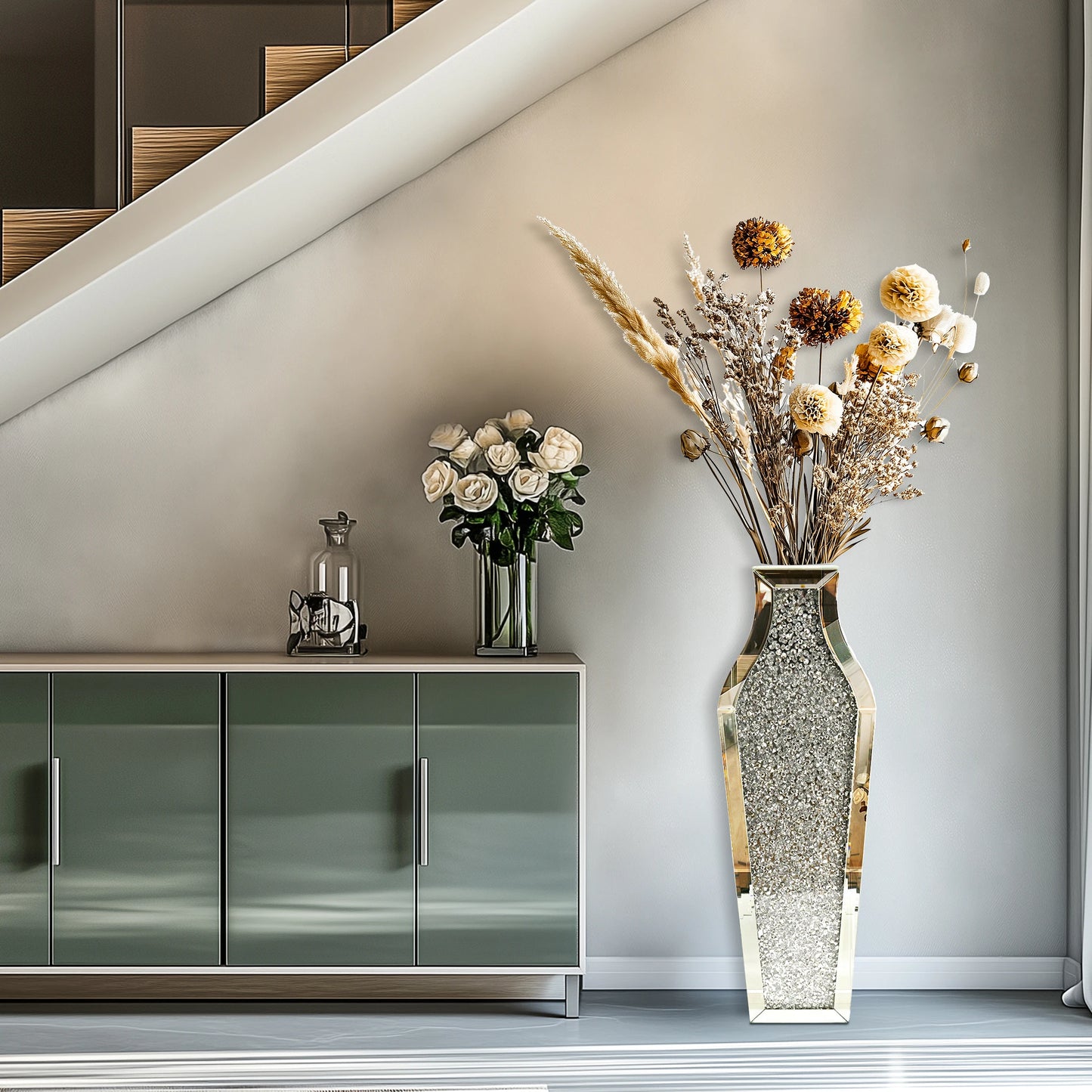 Crushed Diamond Floor Vase | Silver Mirrored Glass