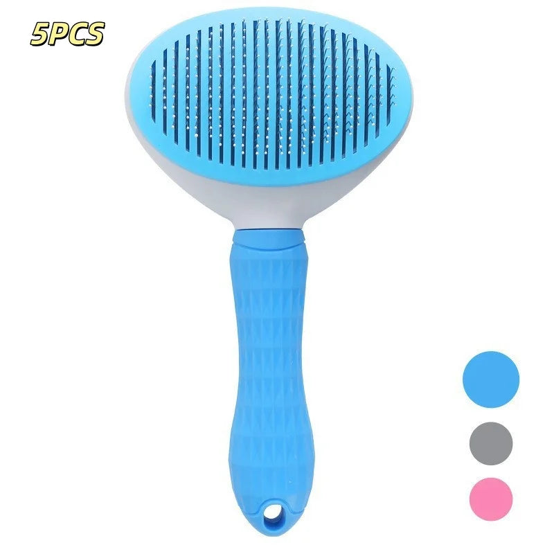 Blue self-cleaning pet brush with oval head and metal pins, textured grip handle