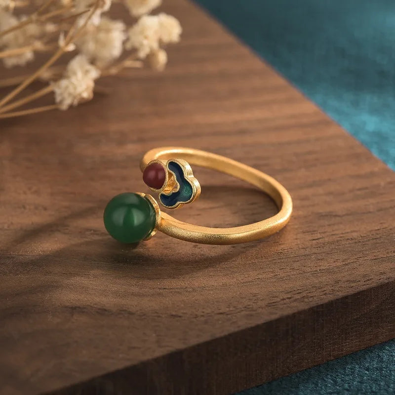 PANJBJ 925 Sterling Silver Hotan Jade Geometric Ring for Women Girl Adjustable Retro Delicate Jewelry Birthday Gift Dropshipping