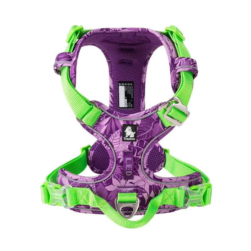 Purple camouflage dog harness with neon green straps and front padding